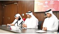 Qatar Basketball Federation (QBF) President Mohammed Saad Al Mughaiseeb (centre) speaks during a press conference yesterday. QBF Secretary-General Saadoun Sabah Al Kuwari (left) and QBF Media Committee Chairman Dr. Khaled Al Qahtani are also present. 