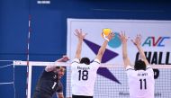 Qatar's Youssef Oughlaf hits a shot during the semi-final match against Kazakhstan.