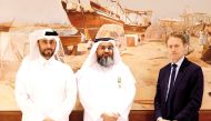 Minister of Municipality H E Abdullah bin Hamad bin Abdullah Al Attiyah (left) witnessing Ambassador of the French Republic to Qatar H E Jean-Baptiste Favre (right) present the Agricultural Order of Merit to Director of the Food Security Department at the Ministry of Municipality Dr. Masoud Jarallah Al Marri.