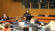 Minister of Public Health H E Dr. Hanan Mohammed Al Kuwari speaking during a high-level meeting at the UN General Assembly.