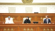 Shura Council Deputy Speaker H E Dr. Hamda bint Hassan Al Sulaiti (centre) addressing the closing plenary of the Doha Youth Parliamentary Forum.