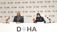 Minister of Education and Higher Education H E Lolwah bint Rashid bin Mohammed Al Khater, and Minister of Foreign Affairs of Republic of Colombia H E Luis Gilberto Murillo signing the agreement.