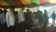 This frame grab taken from state-run Myanmar Radio and Television (MRTV) video footage released on April 1, 2025 shows Myanmar's military chief Min Aung Hlaing (2nd R) with military generals and officials observing a minute of silence for earthquake victims in Naypyidaw. (Photo by Myanmar Radio and Television / AFP)