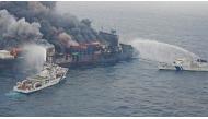 Singapore-flagged container vessel MV Wan Hai 503 on fire on June 10, 2025.  