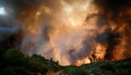 A forest is engulfed in flames as a wildfire rages near Fontjoncouse, southwestern France, on August 6, 2025. Photo by Lionel BONAVENTURE / AFP