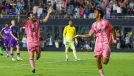 Inter Miami's Argentine forward #10 Lionel Messi and Inter Miami's Venezuelan midfielder #08 Telasco Segovia celebrate a third goal at Chase Stadium in Fort Lauderdale, Florida, on August 27, 2025. (Photo by Chris Arjoon / AFP)