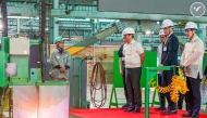 This handout photo taken and released by the Philippines' Presidential Communications Office (PCO) on September 2, 2025 shows Philippines' President Ferdinand Marcos Jr. (2nd L) inspecting the production during the inauguration of the Hyundai Shipyard in the province of Zambales. Photo by Handout / Presidential Communications Office (PCO) / AFP