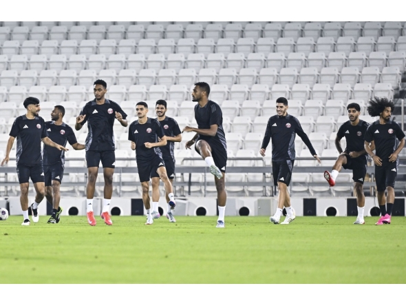 Qatar players take part in a training session yesterday.