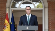 This handout photo taken on September 8, 2025 and provided by the Moncloa Palace shows Spanish Prime Minister Pedro Sanchez announcing several measures including an arms embargo on Israel and a ban on ships carrying fuel for Israeli military personnel from docking in Spanish ports, to 