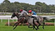 Al Wakrah and jockey Olivier d’Andigné on their way to win. PIC: Robert Polin