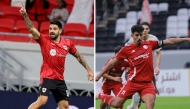 Al Rayyan’s Aleksandar Mitrovic celebrates after scoring a goal (left) and Al Shamal's Baghdad Bounedjah shoots to score a goal against 
Al Arabi. 