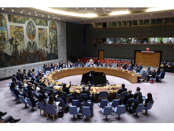 A general view shows the United Nations Security Council meeting on the situation in Gaza, at UN headquarters in New York on September 18, 2025.  (Photo by Angela Weiss / AFP)
