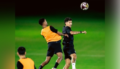 Al Sadd's Roberto Firmino (right) with a teammate during a training session.