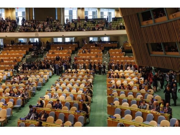 People walk out of Israeli Prime Minister Benjamin Netanyahu speech at the 80th session of the United Nations General Assembly (UNGA) on September 26, 2025 in New York City. Alexi J. Rosenfeld/Getty Images/AFP 