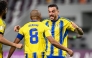 Al Gharafa's Yacine Brahimi (left) and Joselu celebrate after the latter scored their team's opening goal.