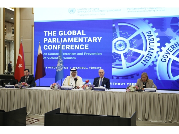 Speaker of the Shura Council H E Hassan bin Abdullah Al Ghanim and other delegates at the opening session of the Global Parliamentary Conference on Counter-Terrorism, in Istanbul, Turkiye, yesterday.
