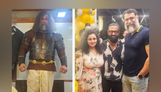 Hariprashanth MG as King Vijayendra in ‘Kantara: A Legend Chapter 1’ (left) and with Rishabh and Pragathi Shetty. Photos were provided by the actor.  