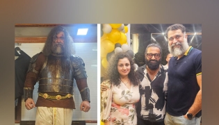 Hariprashanth MG as King Vijayendra in ‘Kantara: A Legend Chapter 1’ (left) and with Rishabh and Pragathi Shetty. Photos were provided by the actor.  