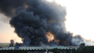 This photo taken on Oct. 18, 2025 shows a massive fire in the cargo area of Hazrat Shahjalal International Airport in Dhaka, Bangladesh. (Photo by Habibur Rahman/Xinhua)