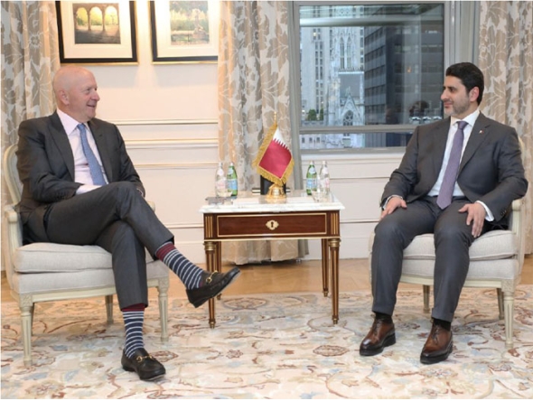 Qatar Central Bank (QCB) Governor, H E Sheikh Bandar bin Mohammed bin Saoud Al-Thani with Chairman of the Goldman Sachs Group, David Solomon in New York