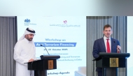 QCB Assistant Governor for Supervision, Hamad Ahmad Al Mulla (left) and Director of Counter-Terrorism Department in the UK’s Foreign, Commonwealth and Development Office Alastair Totty addressing the event, yesterday.