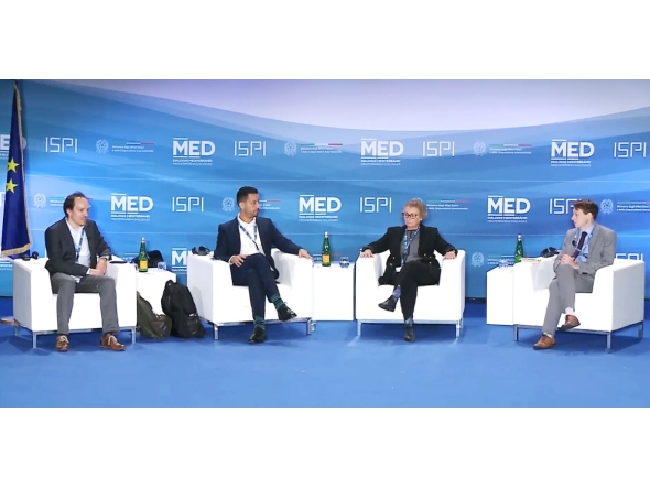 Former head of the Legal Committee to the Palestinian Negotiations Team (1994–2008)  Hiba Husseini (second right), Co-founder and CEO of the Institute for Social and Economic Progress  Obada Shtaya (second left),  Senior Policy Fellow at the European Council on Foreign Relations Hugh Lovatt (first right) and Director of the European Middle East Project Martin Konecny during the event.