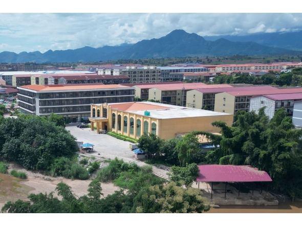 Aerial photo of the KK Park complex from Mae Sot district in Thailand's border province of Tak. Photo by Lillian Suwanrumpha / AFP