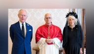 Pope Leo XIV during a meeting with Britain's King Charles III and Britain's Queen Camilla in The Vatican. Photo by Handout / Vatican Media / AFP