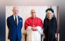 Pope Leo XIV during a meeting with Britain's King Charles III and Britain's Queen Camilla in The Vatican. Photo by Handout / Vatican Media / AFP