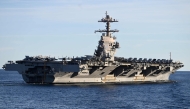 (FILES) The USS Gerald R. Ford, the world's largest aircraft carrier, seen in the North Sea during NATO Neptune Strike 2025 exercise on September 24, 2025 in the North Sea. (Photo by Jonathan KLEIN / AFP)
