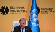 UN Secretary-General Antonio Guterres attends a press conference during the United Nations' Second World Summit for Social Development in Doha on November 4, 2025. (Photo by Mahmud Hams / AFP)