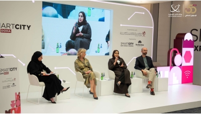 Experts exchanging ideas during a panel discussion at the Smart City Expo Doha 2025. 