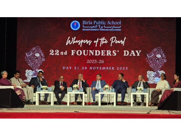 Managing Director of Aditya Birla Real Estate Ltd and Senior Governing Council Member of Birla Public School Qatar, R K Dalmia; Vice-Chairman Dr. Mohan Thomas; and Board Directors C V Rappai, Lukose K Chacko, and Gope Shahani, along with other officials, during the event.