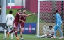 Qatar players celebrate a goal yesterday.
