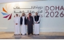 Officials pose for a photo with the 4th GCC Games – Doha 2026 logo.