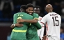 Senegal's forward #27 Ibrahim Mbaye (2 L) celebrates scoring his team's third goal with Senegal's forward #09 Boulaye Dia (L) during the Africa Cup of Nations (CAN) round of 16 football match between Senegal and Sudan at Grand Stadium in Tangiers on January 3, 2026. (Photo by Gabriel BOUYS / AFP)