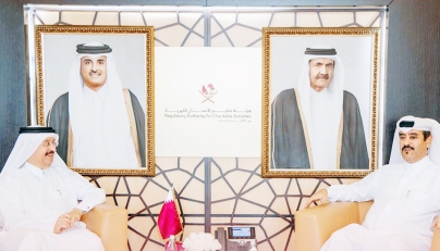 RACA General Manager Ibrahim Abdullah Al Dehaimi (right) meeting RNSR's International Ambassador for Social Responsibility Dr. Mohammad bin Saif Al Kuwari.