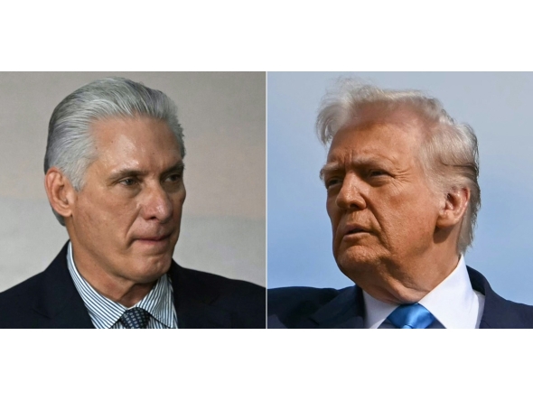 (COMBO) This combination of pictures created on January 11, 2026 shows Cuba's President and First Secretary Miguel Diaz-Canel (L) before a family photo during the BRICS summit in Rio de Janeiro, Brazil, on July 7, 2025; and US President Donald Trump as he boards Air Force One before travelling to South Korea, at Haneda Airport in Tokyo on October 29, 2025.(Photo by Mauro PIMENTEL and ANDREW CABALLERO-REYNOLDS / AFP)