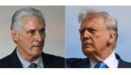 (COMBO) This combination of pictures created on January 11, 2026 shows Cuba's President and First Secretary Miguel Diaz-Canel (L) before a family photo during the BRICS summit in Rio de Janeiro, Brazil, on July 7, 2025; and US President Donald Trump as he boards Air Force One before travelling to South Korea, at Haneda Airport in Tokyo on October 29, 2025.(Photo by Mauro PIMENTEL and ANDREW CABALLERO-REYNOLDS / AFP)
