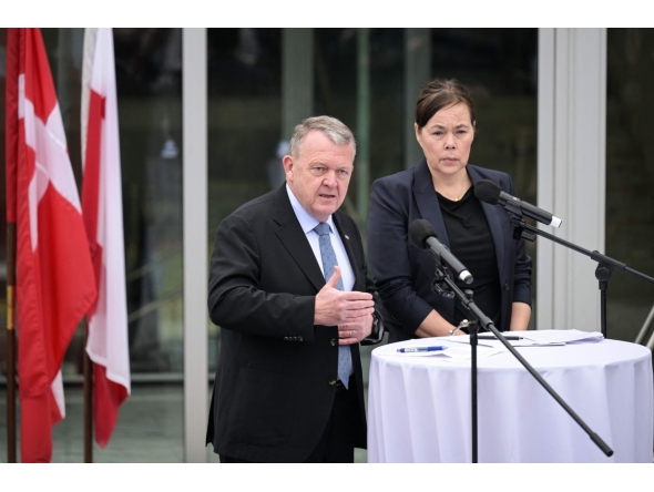 Danish Foreign Minister Lars Lّkke Rasmussen and Greenland's Foreign Minister Vivian Motzfeldt speak during a news conference at the Danish Embassy in Washington, DC, on January 14, 2026. (Photo by Oliver Contreras / AFP)