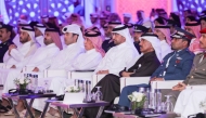 Minister of Justice and Minister of State for Cabinet Affairs H E Ibrahim bin Ali Al Mohannadi, Minister of State for Foreign Affairs H E Sultan bin Saad Al Muraikhi with other dignitaries at Fourth National Human Rights Forum in Doha yesterday.