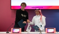 CEO of Qatar Foundation Yousif Al-Naama and Founder and CEO of Web Summit Paddy Cosgrave at the signing event yesterday. 