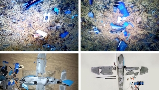 These images taken on January 4, 2026 and released as a combo image by North Korea's official Korean Central News Agency (KCNA) via KNS on January 10, 2026 shows wreckage of a drone that North Korea claims originated from South Korea, and brought down by specialised electronic warfare assets after violating North Korean airspace. Photo by KCNA VIA KNS / AFP