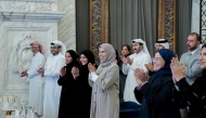 Minister of Education and Higher Education H E Lolwah bint Rashid bin Mohammed Al Khater and other officials during the visit of Al Hidaya School Art Exhibition.