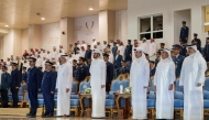 Minister of Interior and Commander of the Internal Security Force (Lekhwiya) H E Sheikh Khalifa bin Hamad bin Khalifa Al-Thani with other officials attending graduation ceremony of the diploma students at the Police Academy.