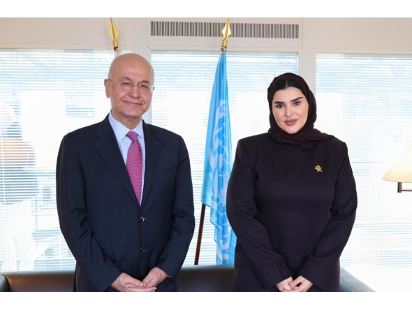 Minister of State for International Cooperation H E Dr. Mariam bint Ali bin Nasser Al-Misnad meeting United Nations High Commissioner for Refugees H E Dr. Barham Salih in Geneva yesterday.
