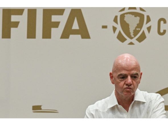 FIFA President Gianni Infantino gestures during his visit to the new Concentration Hotel of the Colombian Football Federation in Barranquilla, Colombia, on February 24, 2026. (Photo by David Salazar / AFP)