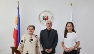 In this handout photo taken April 1, 2026 and released by the Philippine Department of Foreign Affairs shows Philippine Secretary of Foreign Affairs Thereza Lazaro (L), Iranian Ambassador to the Philippines Yousef Esmaeilzadeh (C) and Philippine Secretary of Energy Sharon Garin posing for a photo during a bilateral meeting in Manila. (Photo by Handout / Philippine Department of Foreign Affairs / AFP) 