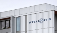 This photograph shows Stellantis' logo displayed on the premises of the multinational car manufacturer's plant in Poissy, west of Paris, on September 23, 2025. Photo by Thibaud MORITZ / AFP