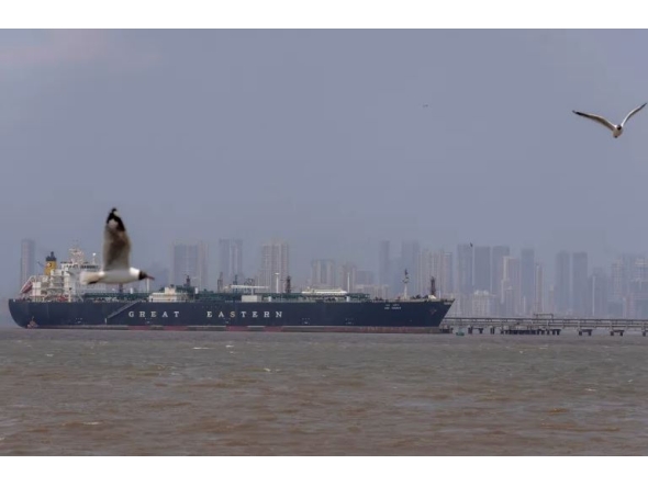 LPG carrier Jag Vasant is seen at Mumbai Port in India after clearing the Strait of Hormuz, on April 1, 2026. Photo Rafiq Maqboo/AP/AlJazeera